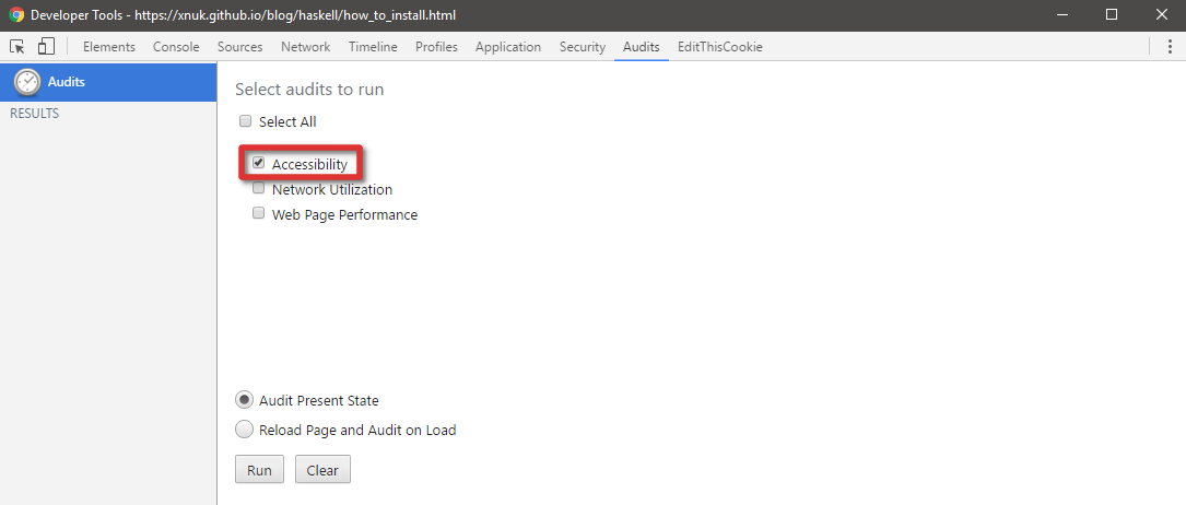 Chrome Developer Tools - Audits. Accessibility 체크박스가 강조되어 있음. 이미지 하단에 Run 버튼과 Clear 버튼이 있음.